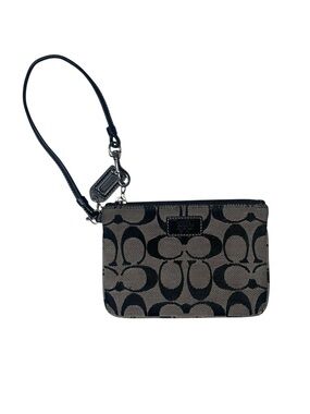 Coach Signature C‎ Jacquard Wristlet Wallet Black Tan Leather Trim